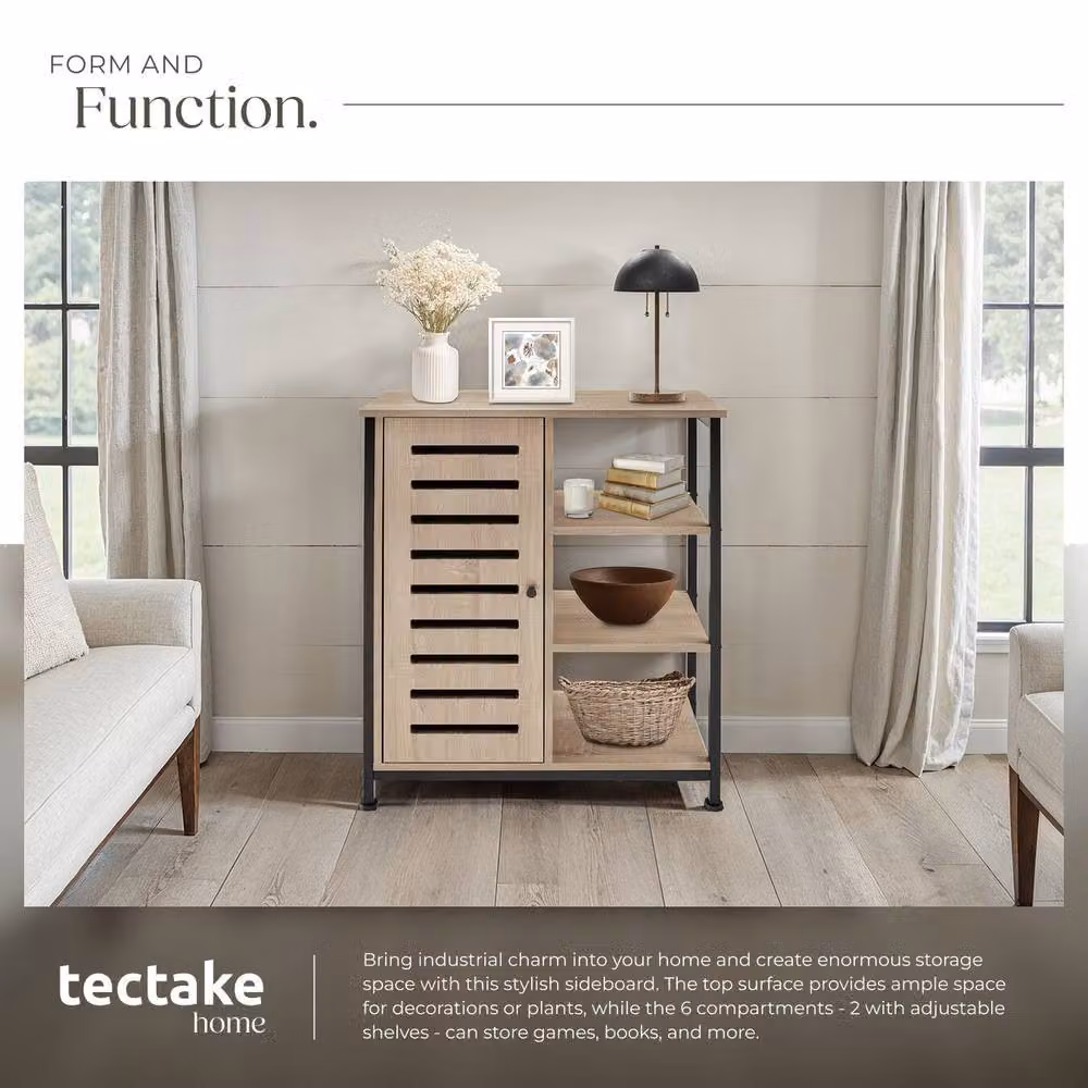 tectake Industrial Sideboard with 3 Open Shelves in Light Oak and Black – 4