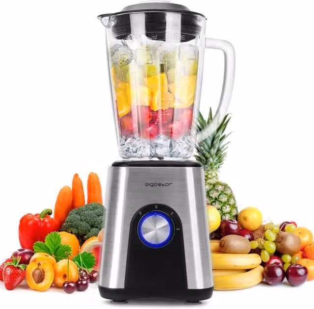 Aigostar High Speed Multi-function Blender and Smoothie Maker in Black and Silver with Glass and Stainless Steel Components