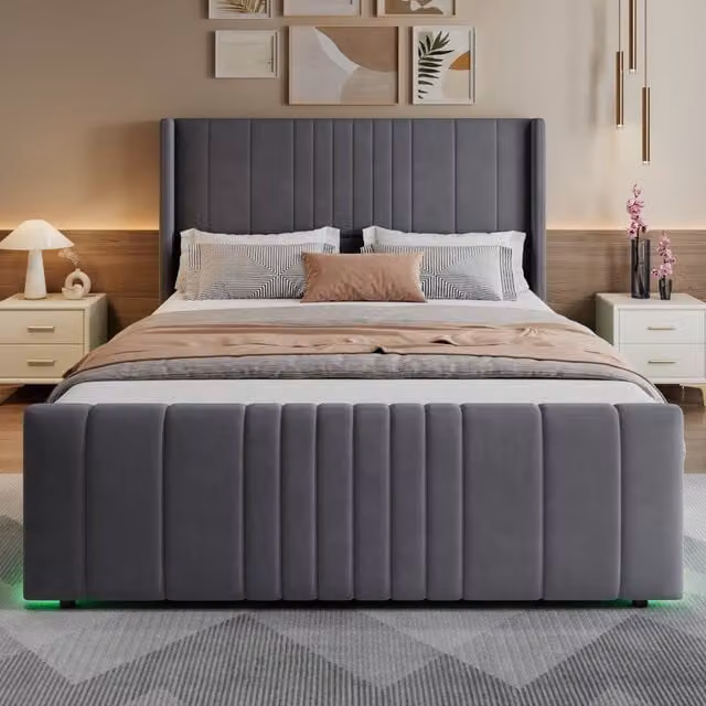 Merax Double Velvet Ottoman Storage Bed with LED Lighting, Grey, W/D/H: 140 x 200 x 121 cm – 1