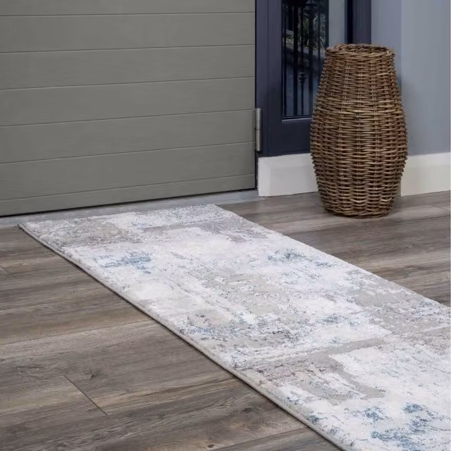 The Rug House Modern Abstract Area Rug in Silver, Blue and Grey with High-Low Effect, W: 240 cm, D: 70 cm
