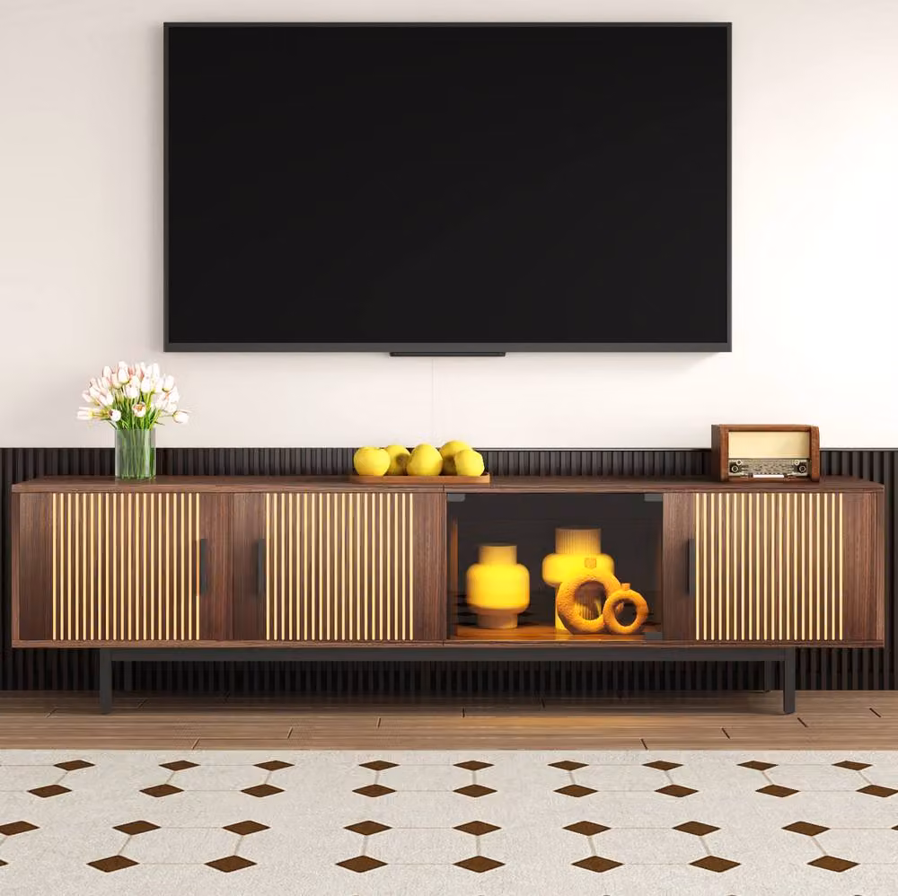 STILVORA Modern TV Cabinet with LED Light Strip and Glass Doors in Brown Walnut Finish – 3