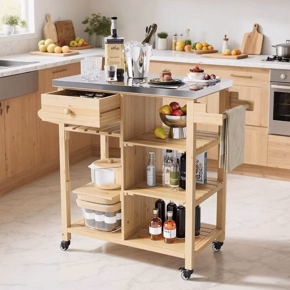 KORVIXA Wooden Grill Cart and Food Prep Table with Stainless Steel Storage Module in Natural Brown and Sand, W/D/H: 100 x 100 x 92.45 cm – 2