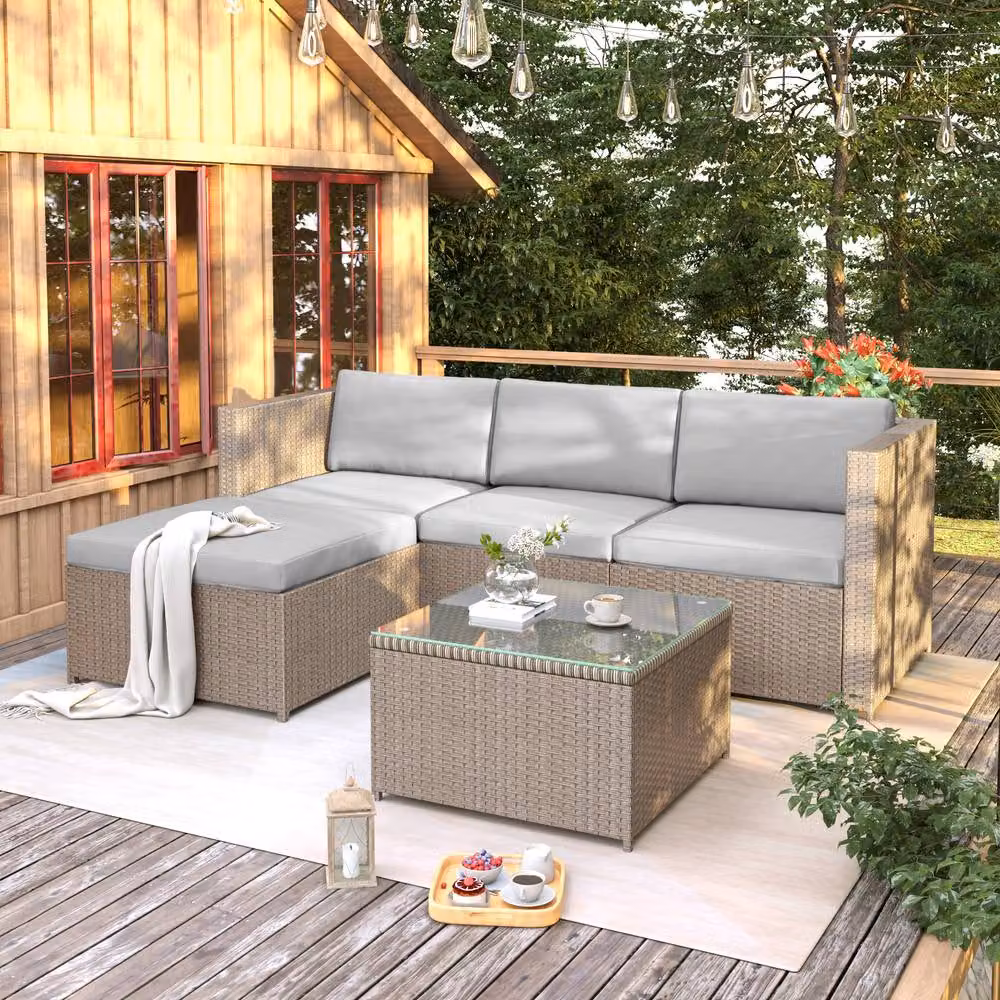 HomeTouch 3-Piece Outdoor Rattan Corner Sofa Set with Glass Top Coffee Table in Khaki – 2