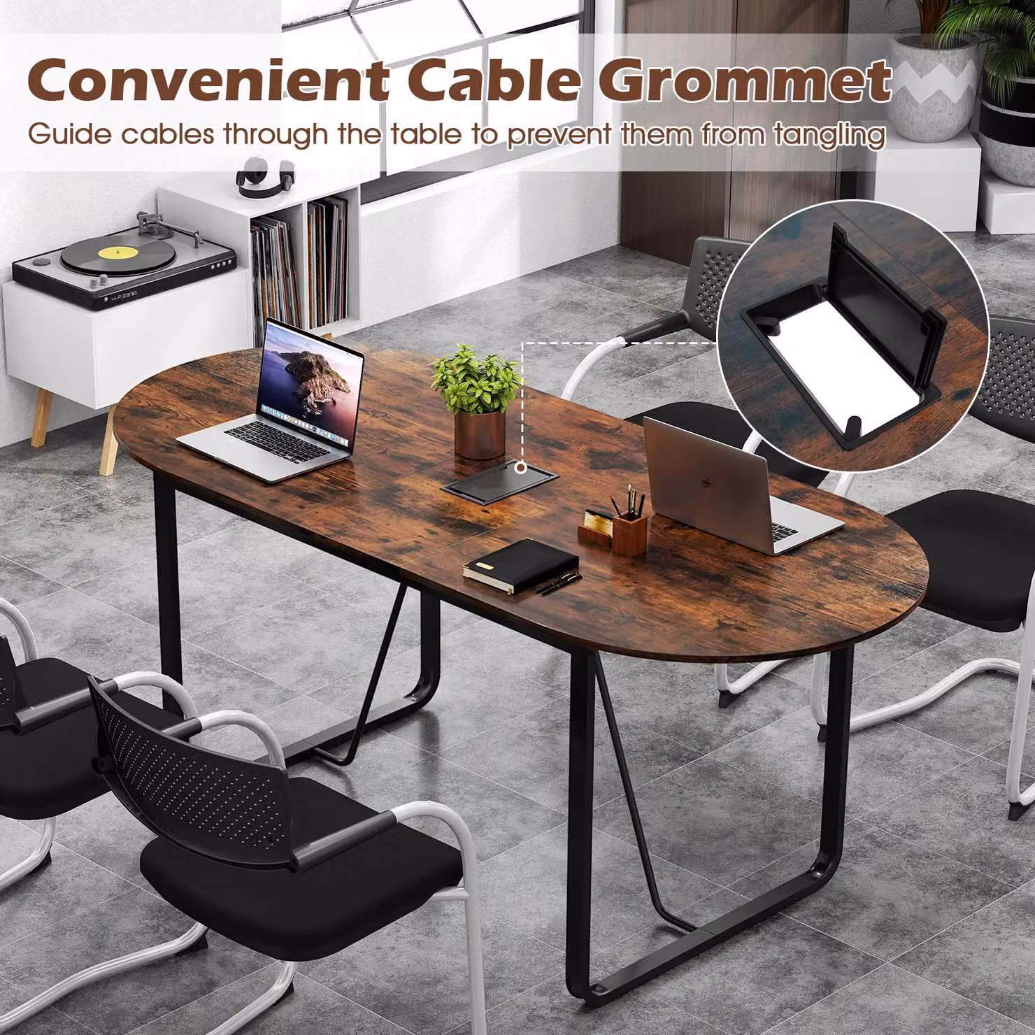 Gymax Oval Executive Home Office Table with Metal Sled Base, Brown – 9