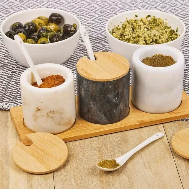 Homiu 3 Pack Geometric Marble Spice Jar Set with Bamboo Lids and Ceramic Spoons in Black and White
