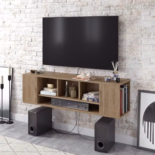 Decorotika Paldi Modern Wall Mounted TV Unit in Brown Oud, W/D/H: 135 x 38.8 x 35.2 cm