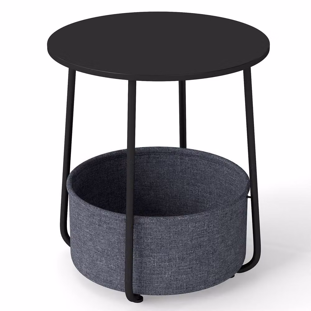 Gymax Modern 2-Tier Round End Table with Fabric Basket in Black – 3
