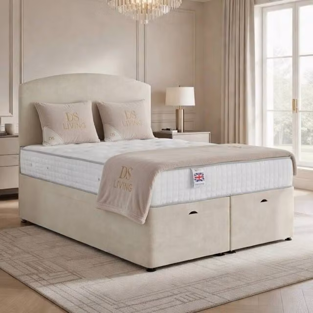 DS Living Opulence Cream Velvet Upholstered Ottoman Bed with Lift Up Base, W/D/H: 200 x 200 cm