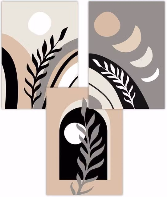 ARTZE Set of 3 Boho Abstract Botanical Paper Posters in Black, Beige and Grey, W: 30 cm, H: 42 cm