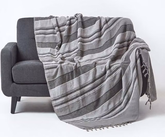 Homescapes Morocco Striped Cotton Throw in Grey, W: 225 cm, L: 255 cm