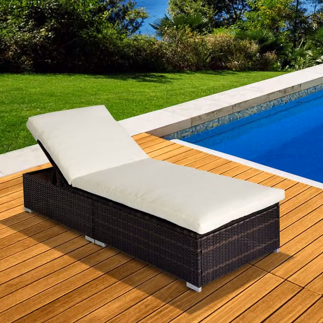 Outsunny Single PE Rattan Sun Lounger with Adjustable Headrest and Weatherproof Cushion in Brown
