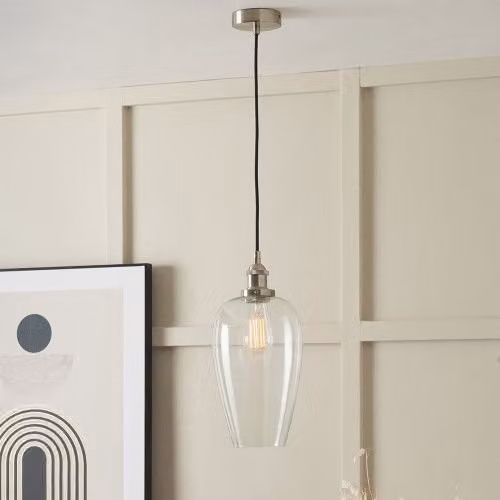 Ruma Glass Pendant Ceiling Light with Antique Silver Metal Chain in Transparent
