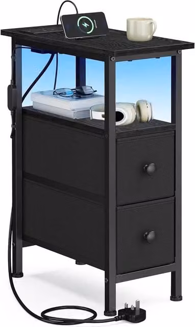 FORGEVIO Modern Black Matt Bedside Table with Integrated LED Lighting and Charging Station