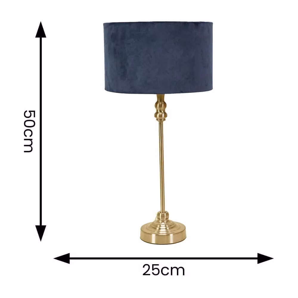 ValueLights Maggie Gold Metal Candlestick Table Lamp with Blue Velvet Drum Shade and LED Bulb – 3