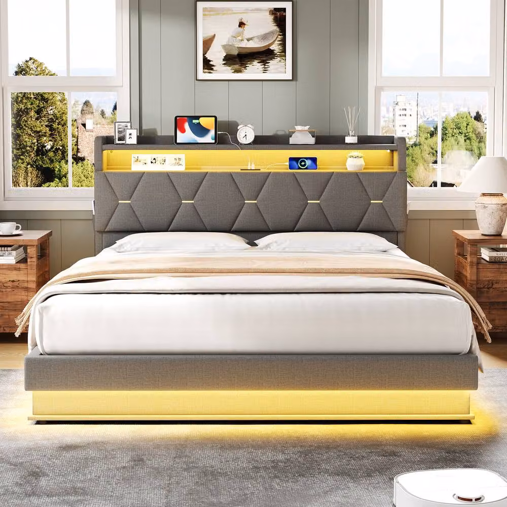 BTM Grey Fabric Upholstered Double Bed with Hydraulic Storage, LED Lighting and USB Charging Headboard, W/D/H: 140 x 200 cm – 4