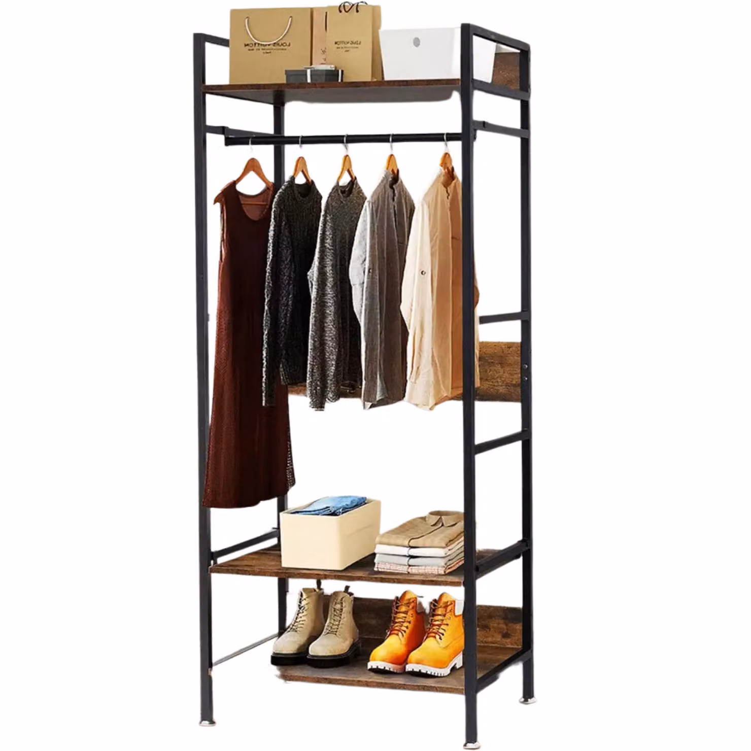 Pirlo Plush Industrial Rustic Open Wardrobe Garment Rail with Storage Shelves in Brown – 3