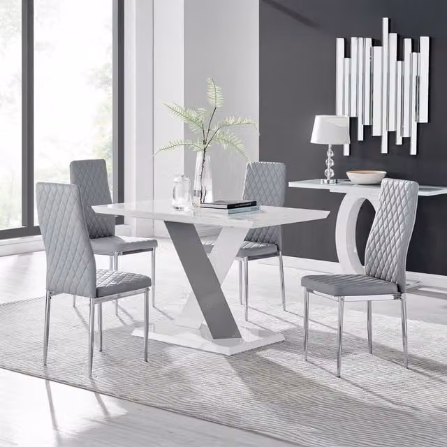 FurnitureboxUK Monza White High Gloss Rectangular Dining Table with 4 Milan Grey Chairs and Chrome Legs