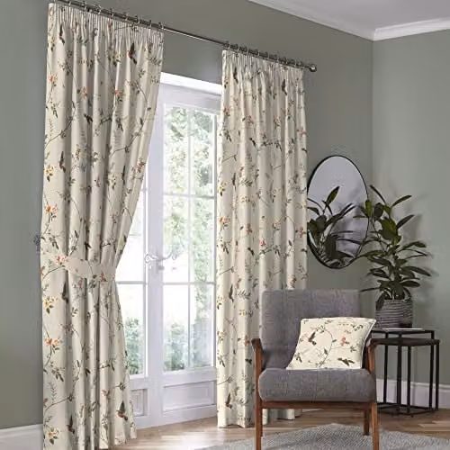 Dreams & Drapes Darnley Nature Inspired Floral Pencil Pleat Curtains in Coral and Multicolour, W: 229 cm, D: 229 cm – 1