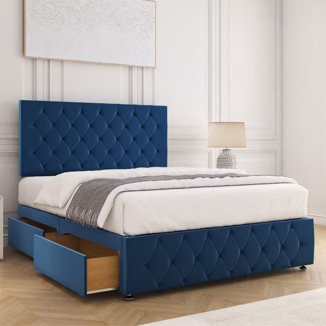 BSSPOKE Mulberry Super King Divan Bed with 24 inch Plush Headboard, 2 Same Side Drawers and Mattress in Blue, W/D/H: 200 x 200 cm – 1