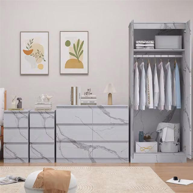 ZITA 4 Piece Bedroom Furniture Set in Grey and White Marble Effect featuring 2 Door Wardrobe, Wide Chest and 2x 3 Drawer Bedsides