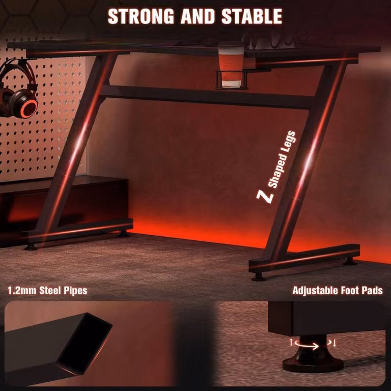 NESTLUNE Black Gaming Desk with Steel Frame and Adjustable Cup and Headphone Holder