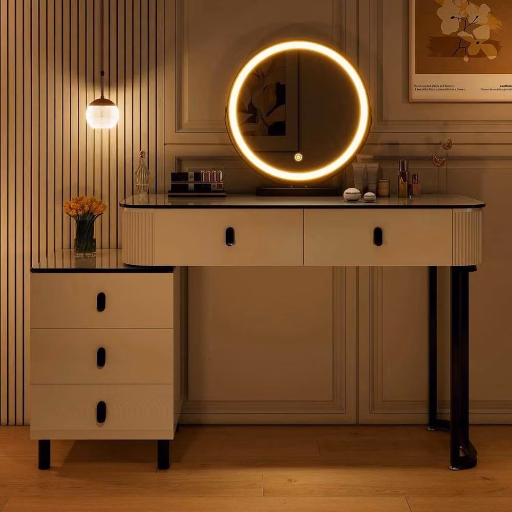 SPETLEK White Modern Dressing Table with Dimmable Hollywood LED Round Mirror – 3