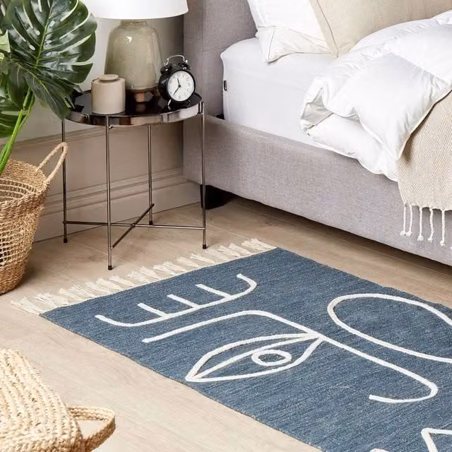 Wyld and Coco Blue Handwoven Boho Rectangular Rug with Fringes, W: 80 cm, L: 150 cm