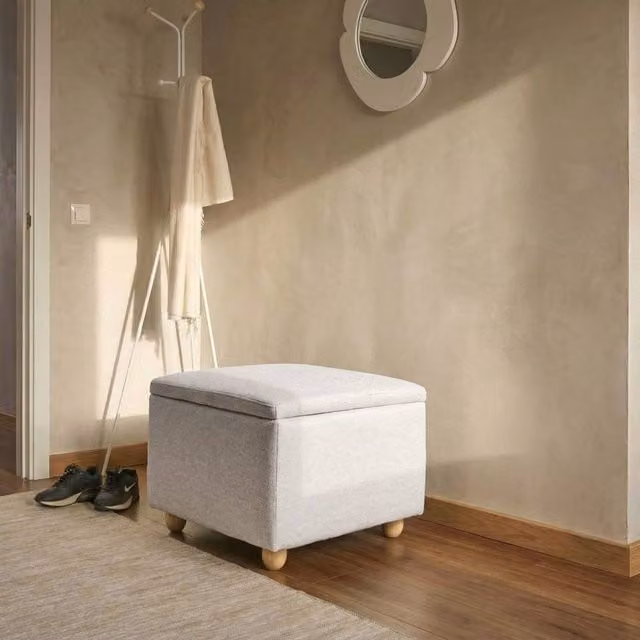 Wyld and Coco Mid-Century Grey Fabric Storage Pouffe with Pine Wood Frame