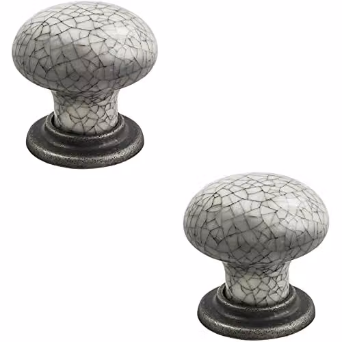 Loops 2 Pack Porcelain Mushroom Cupboard Door Knobs in Antique Steel and Blue Glaze