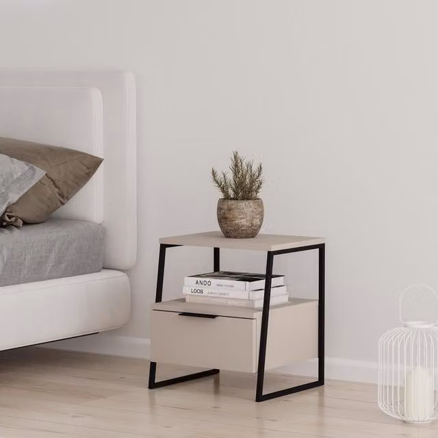 FWStyle Sandstone 1 Drawer Bedside Chest with Open Shelf in Beige and Black
