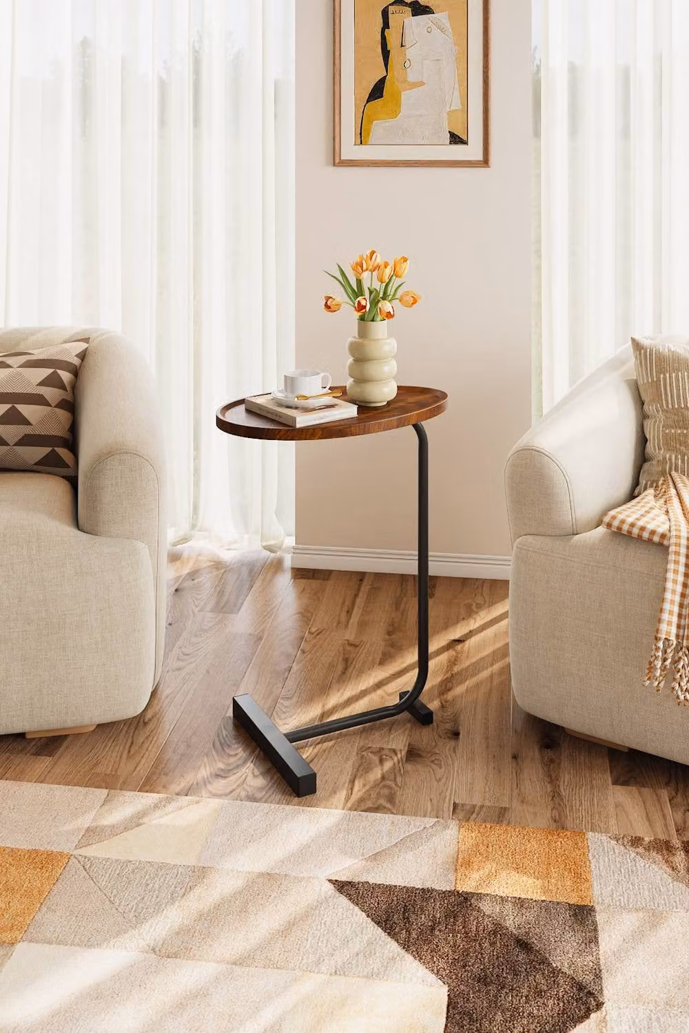 H&O Direct Minimalist Round Metal Side Table with MDF Tabletop in Brown – 2