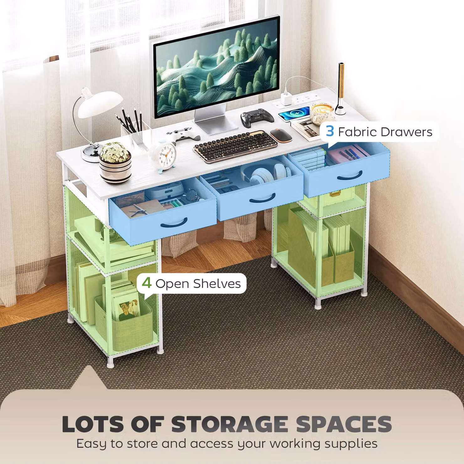 HOMCOM Modern White Computer Writing Desk with Power Outlets, Drawers and Shelves – 3