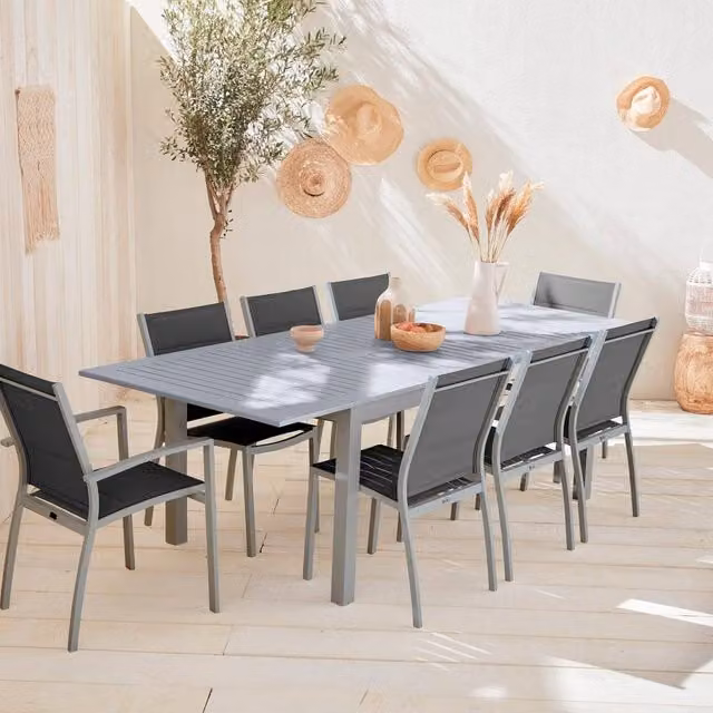 Sweekeek 8-Seater Extendable Aluminium Garden Table and Chairs Set in Grey