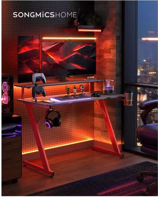 SONGMICS LED Gaming Desk with Monitor Stand in Black and Red