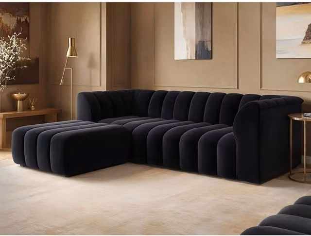 SOLACE+CO Halle 3 Seater Reversible Velvet Sofa with Matching Ottoman in Black
