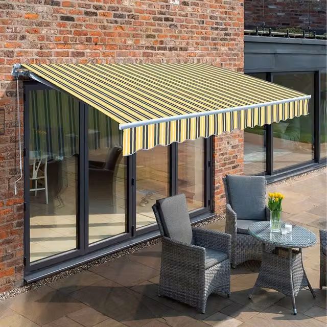 Primrose Manual Retractable Wall-Mounted Awning with White Aluminium Frame, Yellow and Grey Striped Fabric, W: 300 cm, D: 250 cm