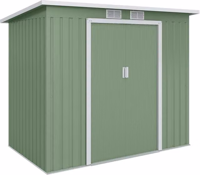 Rolipo Green Galvanised Steel Garden Shed with Foundation Kit, Double Doors and Side Vent, W/D/H: 213.36 x 121.92 x 172 cm
