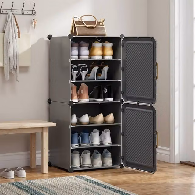 Ventryn Grey DIY Cube Shoe Storage Cabinet Organiser with Hinged Doors and Internal Shelves for Hallway and Bedroom – 1