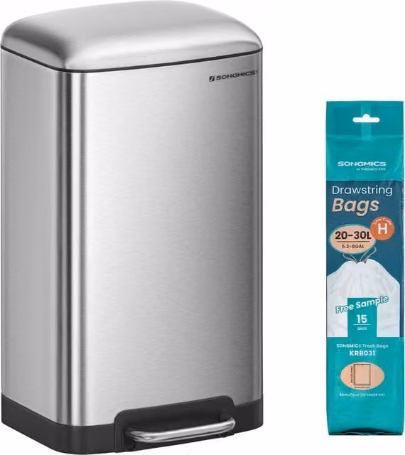 SONGMICS 8 Gallon Silver Kitchen Pedal Bin with Soft Close Lid and Stainless Steel Finish