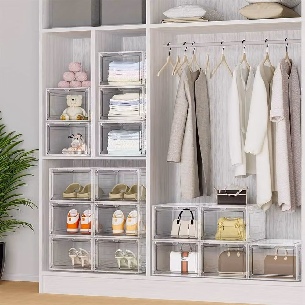 EONLION 6 Pack Transparent Stackable Shoe Storage Boxes in White and Clear Acrylic Plastic – 3