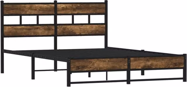 Berkfield Home Metal and Oak Bed Frame in Brown, W/D/H: 140 x 200 x 91.5 cm