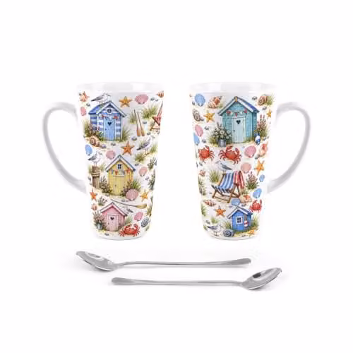Purely Home Seaside Delights Tall Latte Mugs and Spoons Gift Boxed Set in Multicoloured and White Ceramic – 4