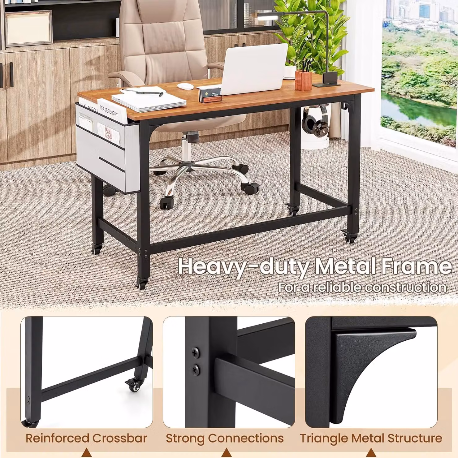 Gymax Rolling Computer Desk with Lockable Castors and Detachable Bag in Brown – 4
