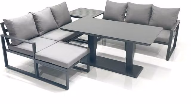 Fimous 7 Seater Aluminium Outdoor Garden Furniture Set in Dark Grey with Adjustable Rising Dining Table, 3 Seater Sofa, Big Footstool and Side Table – 1