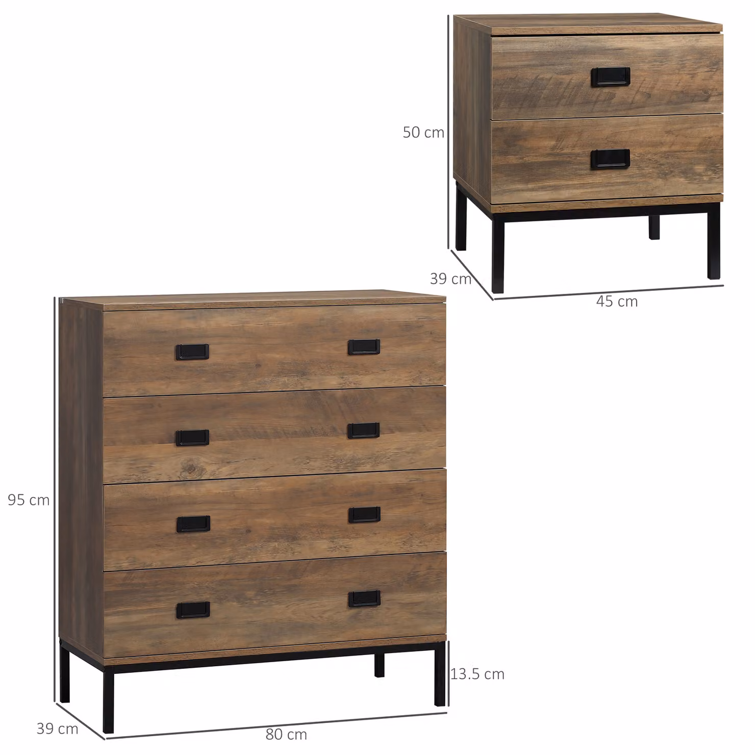 HOMCOM Industrial Style Chest of Drawers and Bedside Table Set in Black and Brown with Metal Accents – 3