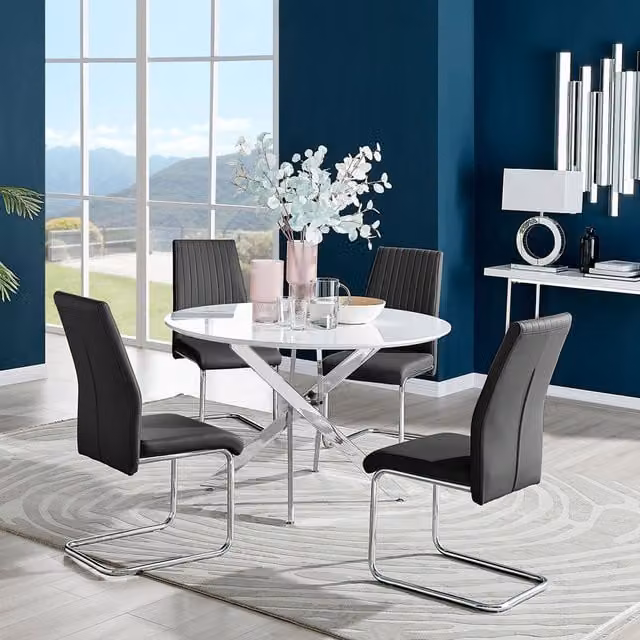 FurnitureboxUK Novara White High Gloss Round Dining Table with 4 Lorenzo Black Faux Leather Chairs, Diameter: 120 cm