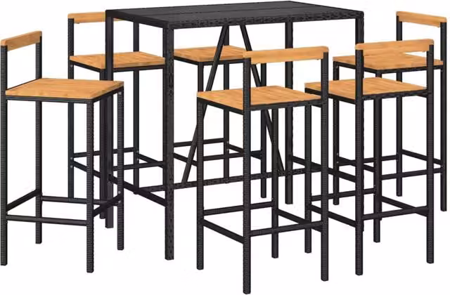 Berkfield Home Beautiful 7 Piece Black Poly Rattan and Solid Acacia Wood Garden Bar Set