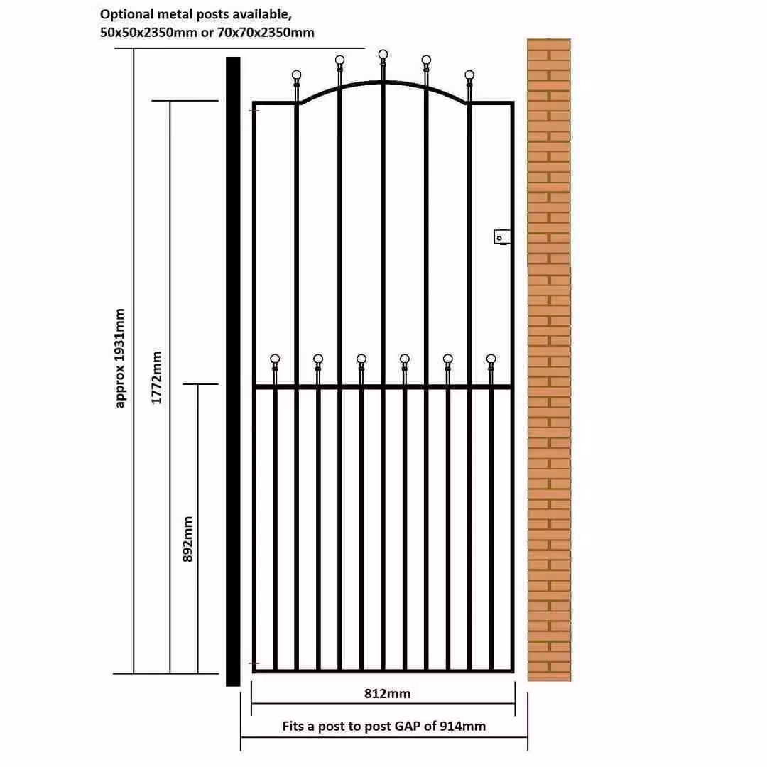 Burbage Iron Craft Manor Tall Bow Top Single Swing Gate in Black, W: 91.4 cm, H: 193.0 cm – 2