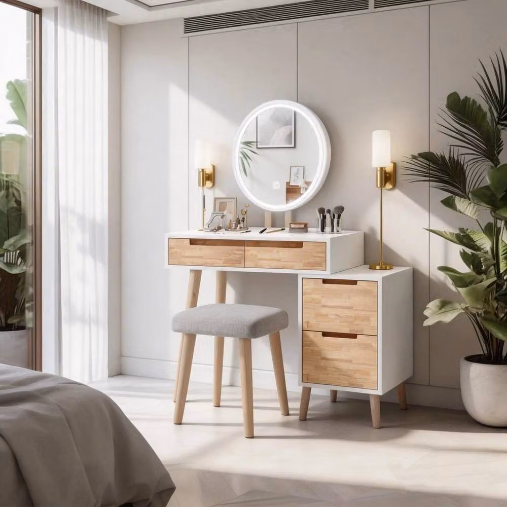 FLAVORA Modern Dressing Table Set with Hollywood LED Mirror in White – 2