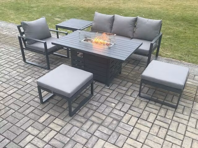Fimous 6 Piece Aluminium Garden Furniture Set with Gas Fire Pit Dining Table, Cushions, 2 Footstools and Side Table in Dark Grey